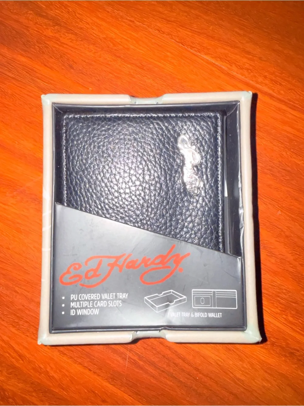 Ed Hardy Black Men's Leather Card & Key Holder with Silver Logo